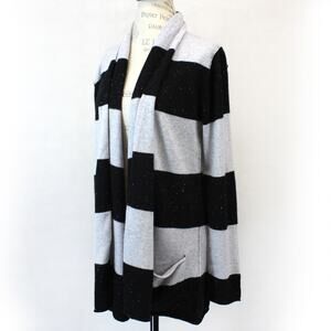 Pure Amici 2-ply 100% Cashmere Black/Grey Striped Open Cardigan Sweater Large